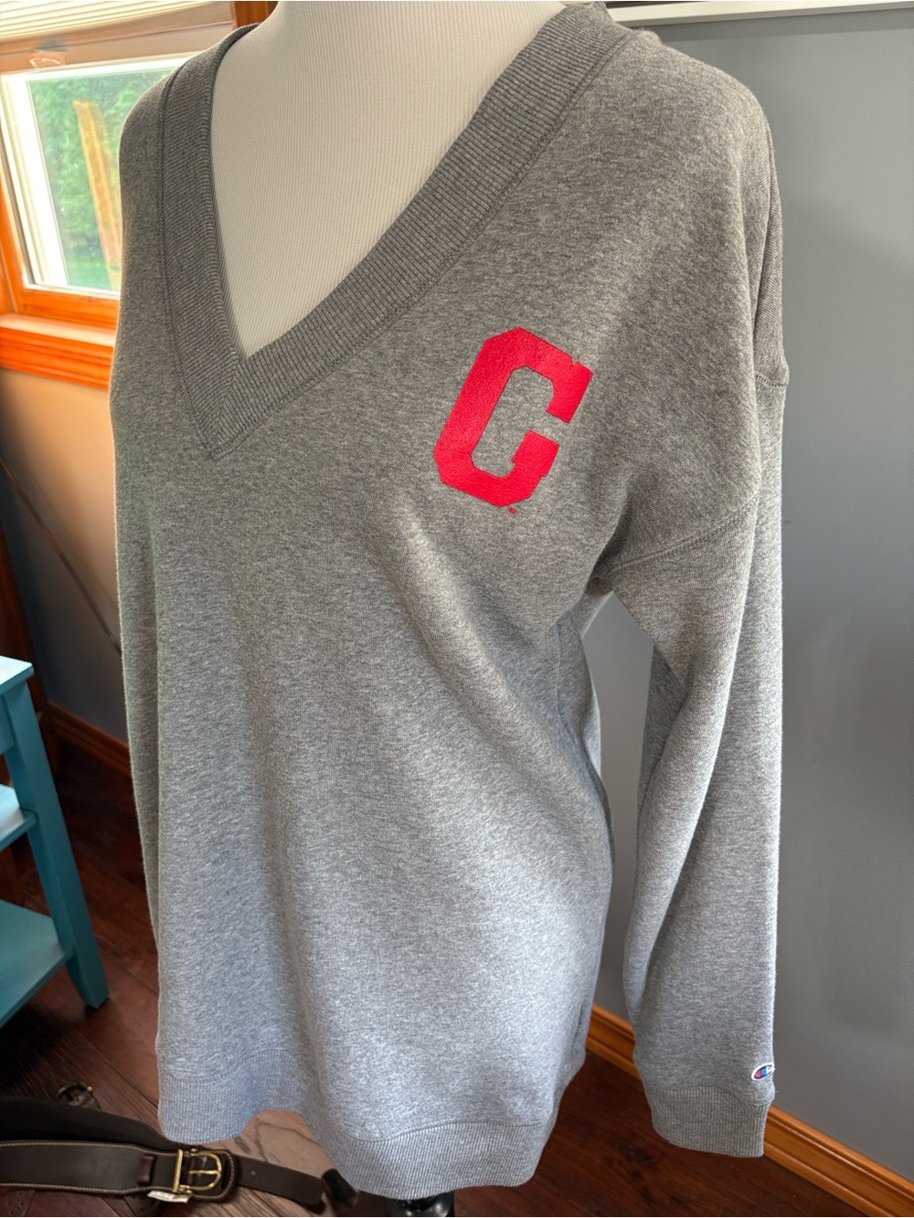 University of Georgia Champion Gray V-Neck Sweatshirt with Red 'G' Chest Accent